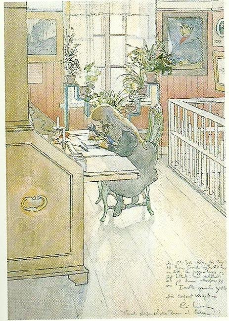 Carl Larsson kersti gratulerar-vid skrivpulpeten oil painting image